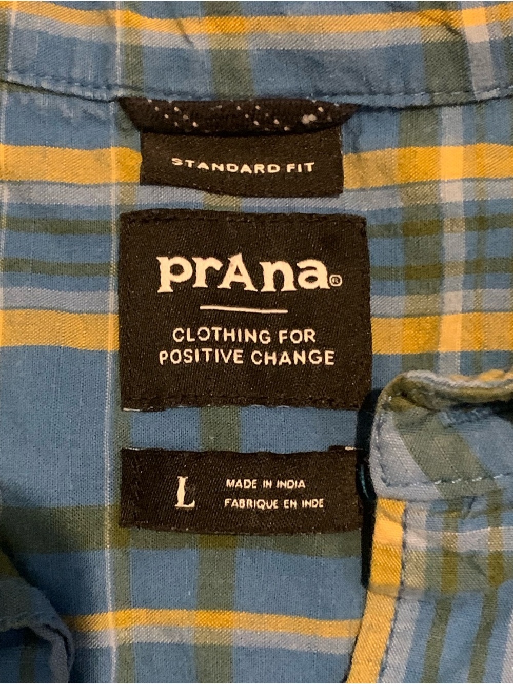 PrAna Organic Cotton Plaid Button Up Shirt Large Blue Green Hiking Outdoor Camp - Picture 8 of 8